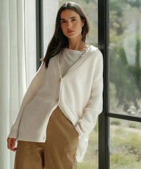 Lena | Damen Oversized Kaschmir V-Ausschnitt Cardigan – Weiß