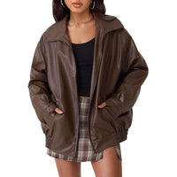 Lena | Damen Oversized Kunstleder Bomber Lederjacke mit Reißverschluss – Aprikose