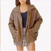 Lena | Damen Oversized Kunstleder Bomber Lederjacke mit Reißverschluss – Camel