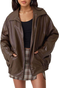 Lena | Damen Oversized Kunstleder Bomber Lederjacke mit Reißverschluss – Dunkelbraun
