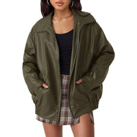 Lena | Damen Oversized Kunstleder Bomber Lederjacke mit Reißverschluss – Olivgrün