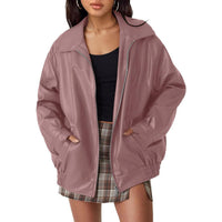 Lena | Damen Oversized Kunstleder Bomber Lederjacke mit Reißverschluss – Einheitsfarbe