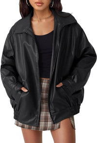 Lena | Damen Oversized Kunstleder Bomber Lederjacke mit Reißverschluss – Schwarz
