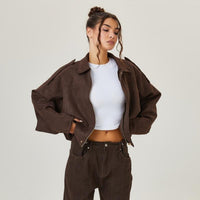 Emilia | Damen Oversized Kurzgeschnittene Kunstwildleder Bomberjacke – Braun