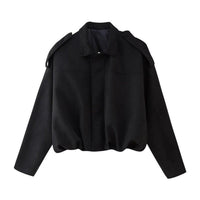 Emilia | Damen Oversized Kurzgeschnittene Kunstwildleder Bomberjacke – Schwarz