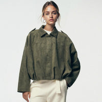 Emilia | Damen Oversized Kurzgeschnittene Kunstwildleder Bomberjacke – Olivgrün