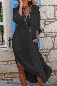 Sophie | Damen Oversized Linen Midi-Sommerkleid V-Ausschnitt – Schwarz