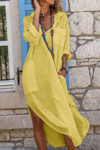 Sophie | Damen Oversized Linen Midi-Sommerkleid V-Ausschnitt – Gelb