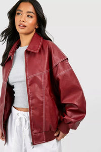 Elisabeth | Damen Oversized Steppjacke Bomberjacke Kontrastnaht Kunstleder – Weinrot