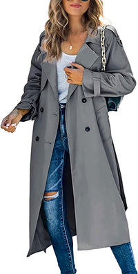 Sophie | Damen Oversized Trench Coat mit Bindegürtel Doppelreiher – Grau
