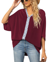Luisa | Damen Oversized Tunika V-Ausschnitt Geometrisches Stickerei-Oberteil – Gelb