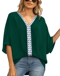 Luisa | Damen Oversized Tunika V-Ausschnitt Geometrisches Stickerei-Oberteil – Dunkelgrün