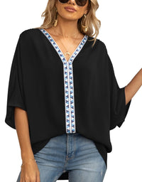 Luisa | Damen Oversized Tunika V-Ausschnitt Geometrisches Stickerei-Oberteil – Schwarz