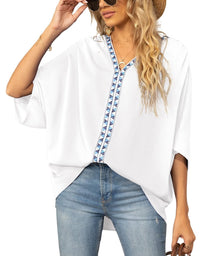 Luisa | Damen Oversized Tunika V-Ausschnitt Geometrisches Stickerei-Oberteil – Weiß
