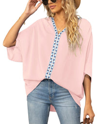 Luisa | Damen Oversized Tunika V-Ausschnitt Geometrisches Stickerei-Oberteil – Rosa