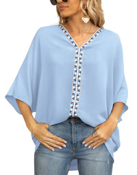 Luisa | Damen Oversized Tunika V-Ausschnitt Geometrisches Stickerei-Oberteil – Hellblau