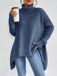 Greta | Damen Oversized Turtleneck Sweater mit geripptem Rollkragen und verlängertem Saum – Ozeanblau
