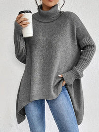 Greta | Damen Oversized Turtleneck Sweater mit geripptem Rollkragen und verlängertem Saum – Stein Grau