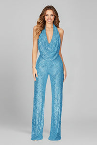 Elisabeth | Damen Pailletten-Jumpsuit Neckholder Weite Beine Cowl-Ausschnitt – Hellblau