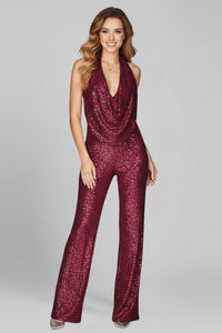 Elisabeth | Damen Pailletten-Jumpsuit Neckholder Weite Beine Cowl-Ausschnitt – Bordeaux
