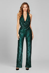 Elisabeth | Damen Pailletten-Jumpsuit Neckholder Weite Beine Cowl-Ausschnitt – Grün
