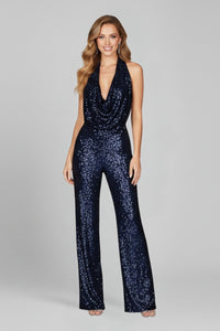 Elisabeth | Damen Pailletten-Jumpsuit Neckholder Weite Beine Cowl-Ausschnitt – Marine