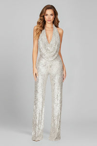 Elisabeth | Damen Pailletten-Jumpsuit Neckholder Weite Beine Cowl-Ausschnitt – Silber