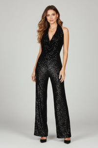 Elisabeth | Damen Pailletten-Jumpsuit Neckholder Weite Beine Cowl-Ausschnitt – Schwarz