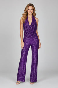 Elisabeth | Damen Pailletten-Jumpsuit Neckholder Weite Beine Cowl-Ausschnitt – Lila