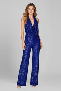 Elisabeth | Damen Pailletten-Jumpsuit Neckholder Weite Beine Cowl-Ausschnitt – Blau