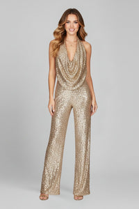 Elisabeth | Damen Pailletten-Jumpsuit Neckholder Weite Beine Cowl-Ausschnitt – Gold
