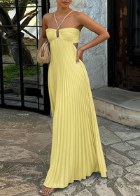 Damen Plissee Maxikleid mit Nackenträgern Aussparungen und geraffter Brustpartie – Gelb