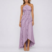 Luisa | Damen Plissee-Rüschen Neckholder Maxi-Kleid für Hochzeitsgäste im Herbst – Lila
