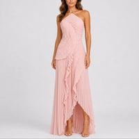 Luisa | Damen Plissee-Rüschen Neckholder Maxi-Kleid für Hochzeitsgäste im Herbst – Rosa