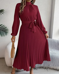 Damen plissiertes Kleid mit langen Ärmeln | Midi – Bordeaux