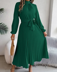 Damen plissiertes Kleid mit langen Ärmeln | Midi – Grün