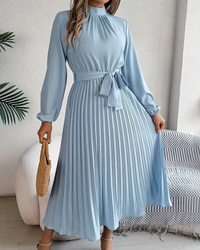 Damen plissiertes Kleid mit langen Ärmeln | Midi – Hellblau
