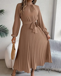 Damen plissiertes Kleid mit langen Ärmeln | Midi – Khaki