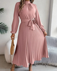 Damen plissiertes Kleid mit langen Ärmeln | Midi – Rosa