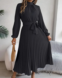 Damen plissiertes Kleid mit langen Ärmeln | Midi – Schwarz