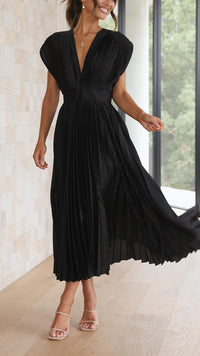 Damen Plissiertes Midikleid mit Tiefem V-Ausschnitt und Taillenband – Schwarz