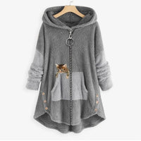 Lena | Damen Plüsch-Hoodie Sweatshirt Reißverschluss Katzen-Print Fleece – Grau