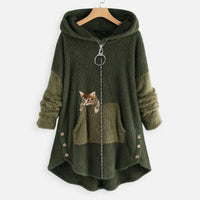 Lena | Damen Plüsch-Hoodie Sweatshirt Reißverschluss Katzen-Print Fleece – Grün