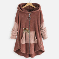 Lena | Damen Plüsch-Hoodie Sweatshirt Reißverschluss Katzen-Print Fleece – Rosa
