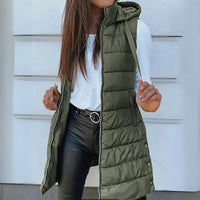 Frieda | Damen Puffer Weste mit Kapuze Ärmellose Lange Steppweste – Olivgrün