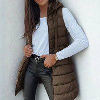 Frieda | Damen Puffer Weste mit Kapuze Ärmellose Lange Steppweste – Braun