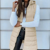 Frieda | Damen Puffer Weste mit Kapuze Ärmellose Lange Steppweste – Beige