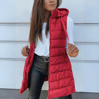 Frieda | Damen Puffer Weste mit Kapuze Ärmellose Lange Steppweste – Rot