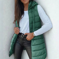 Frieda | Damen Puffer Weste mit Kapuze Ärmellose Lange Steppweste – Grün