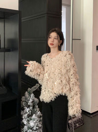 Damen Pullover mit Bootsausschnitt und Fransenoberfläche sowie Paillettenbesatz – Aprikose